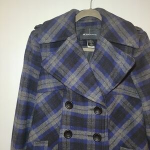 MODA‎ INTERNATIONAL wool blend black and blue plaid peacoat size S